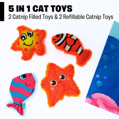 MyMeow Aqua Adventures 5-in-1 Cat Toy Set, Featuring 2 Catnip-Filled Toys & 2 Refillable Catnip Toys, Plus an Interactive Play Mat