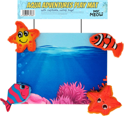 MyMeow Aqua Adventures 5-in-1 Cat Toy Set, Featuring 2 Catnip-Filled Toys & 2 Refillable Catnip Toys, Plus an Interactive Play Mat