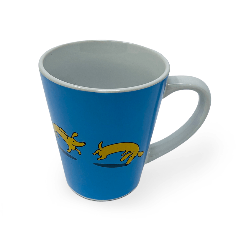 blue mug with yellow dog pattern