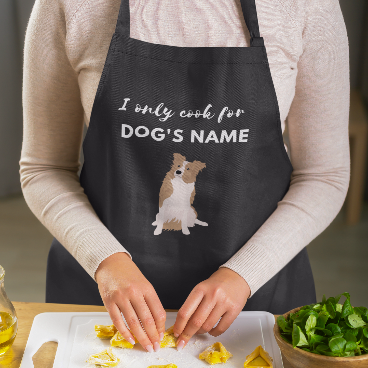 Personalisierte Schürze für Border-Collie-Kissen-Eltern in Braun und Weiß – ich koche nur für den Namen meines „Hundes“) Premium-Jersey-Schürze