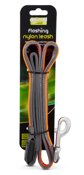 Animal Instincts Flashing Safety USB Nylon Leash, Grey-Orange 1.2M